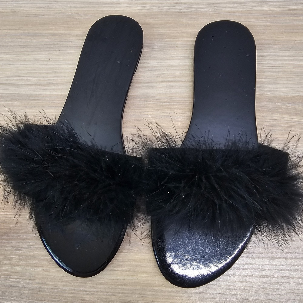 Y2K Black Fuzzy Sandals Womens 40 9 Faux Fur Slip On Slides Slippers Coquette